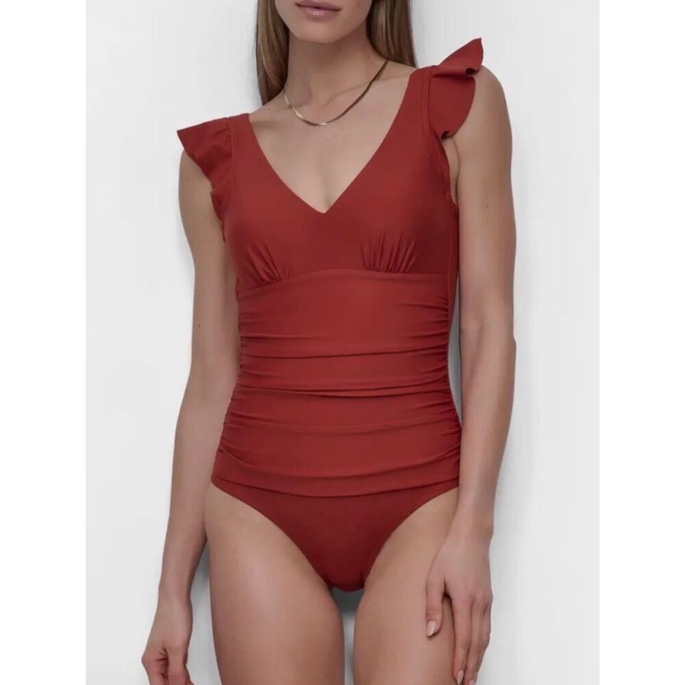 🆕 Dkny Ruffle Plunge Underwire Tummy Control One-Piece Swimsuit size XL